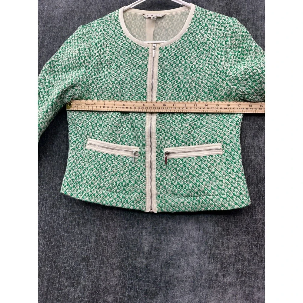 Cabi Cropped Jacket Womens 6 Green White Textured Tweed 3/4 Sleeve Full Zip‎